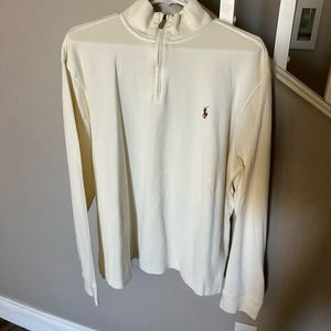 Men’s white Polo quarter zip sweater.